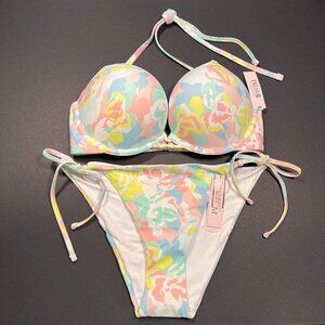 Victoria Secret 38DD XL Bombshell Push Up Bikini Top Bottom Set Blue Pink Pastel